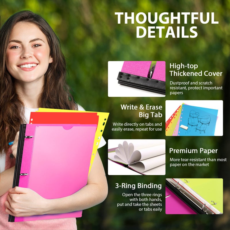 WOT I 1-Pack Telescoping 3 Ring Binder Notebook - Customizable Cover, 5 Dividers & Pocket Folder in One Slim Organizer (60 Sheets Included), Pink - Image 4